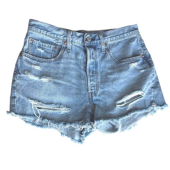 Levi’s 501 Denim Cutoff Distressed Shorts High Rise Womens Size 30  Medium Wash - Picture 1 of 13